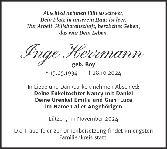 Traueranzeige von Inge Herrmann von Trauerkombi Weißenfels
