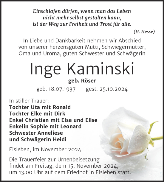 Traueranzeige von Inge Kaminski von Trauerkombi Mansfelder Land