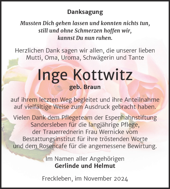Traueranzeige von Inge Kottwitz von Trauerkombi Aschersleben