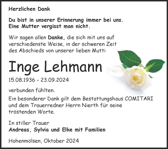 Traueranzeige von Inge Lehmann von Trauerkombi Weißenfels