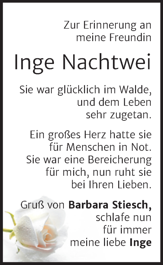 Traueranzeige von Inge Nachtwei von Trauerkombi Dessau