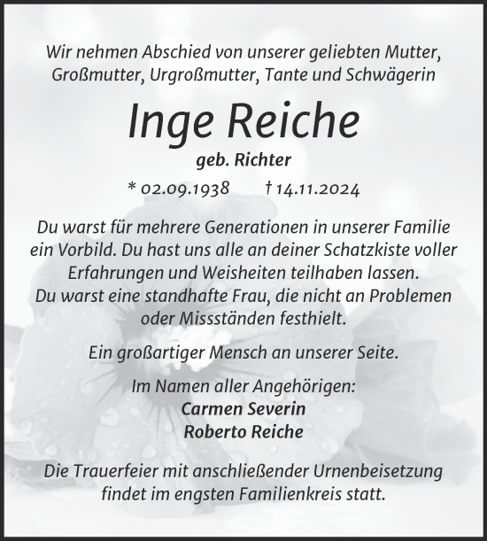 Traueranzeige von Inge Reiche von Trauerkombi Quedlinburg