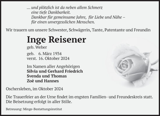 Traueranzeige von Inge Reisener von Volksstimme Oschersleben/Wanzleben