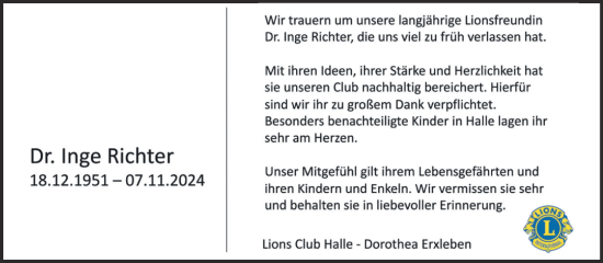 Traueranzeige von Inge Richter von Mitteldeutsche Zeitung Halle/Saalkreis