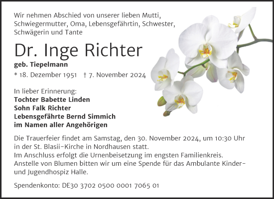 Traueranzeige von Inge Richter von Mitteldeutsche Zeitung Halle/Saalkreis