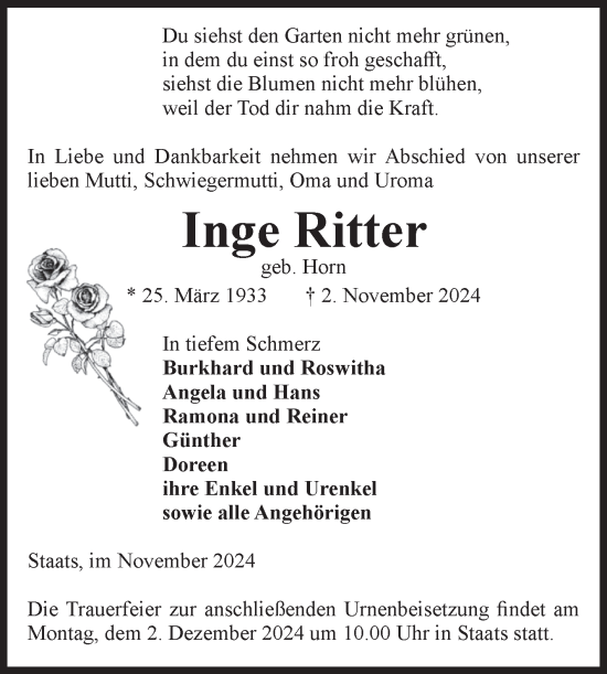 Traueranzeige von Inge Ritter von Volksstimme Altmark Ost