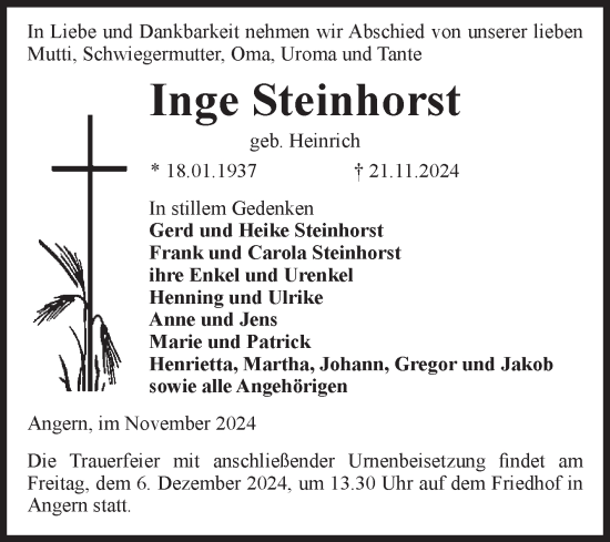 Traueranzeige von Inge Steinhorst von Volksstimme Haldensleben/Wolmirstedt
