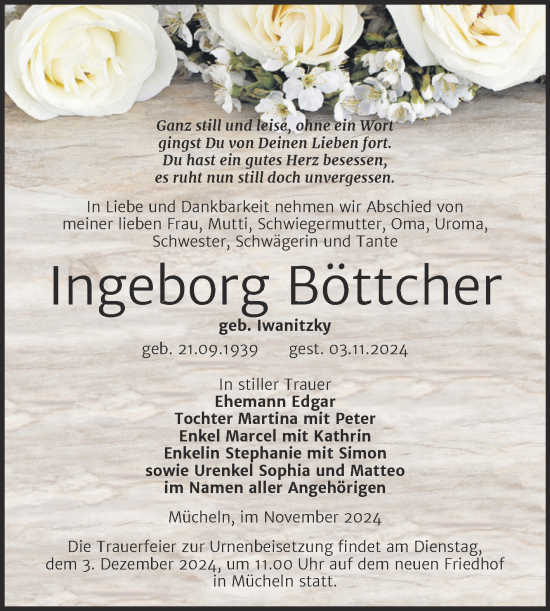 Traueranzeige von Ingeborg Böttcher von Trauerkombi Merseburg