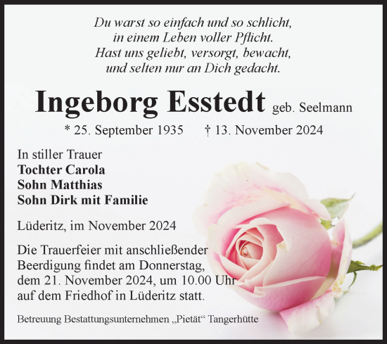 Traueranzeige von Ingeborg Esstedt von Volksstimme Altmark Ost