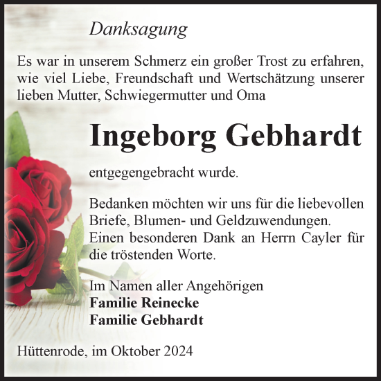 Traueranzeige von Ingeborg Gebhardt von Volksstimme Wernigerode