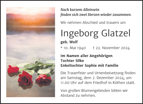Traueranzeige von Ingeborg Glatzel von Trauerkombi Köthen