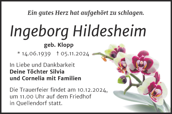 Traueranzeige von Ingeborg Hildesheim von Trauerkombi Dessau