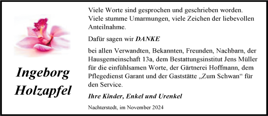 Traueranzeige von Ingeborg Holzapfel von Trauerkombi Aschersleben