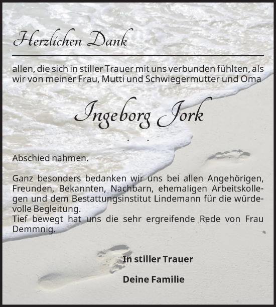 Traueranzeige von Ingeborg Jork von Volksstimme Halberstadt