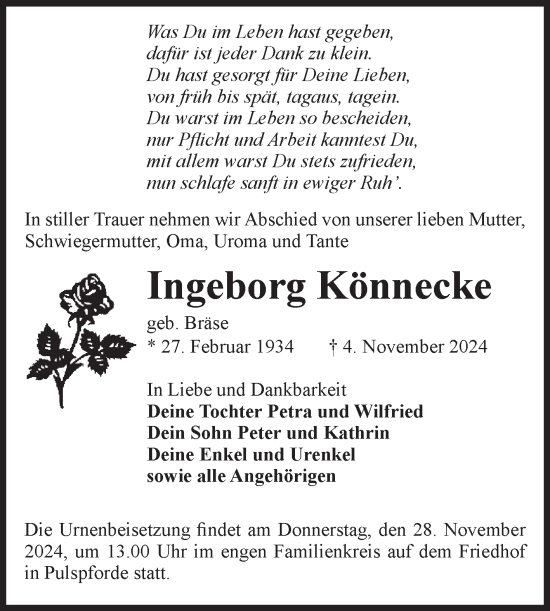 Traueranzeige von Ingeborg Könnecke von Volksstimme Zerbst