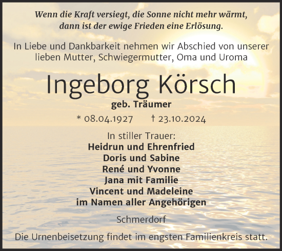 Traueranzeige von Ingeborg Körsch von Super Sonntag Naumburg/Nebra