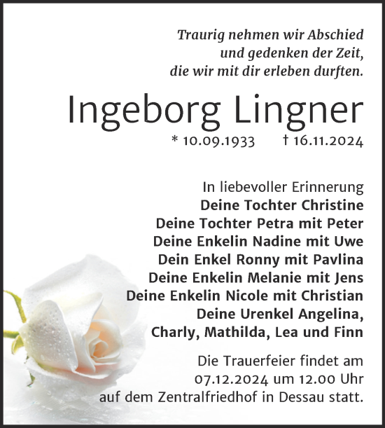 Traueranzeige von Ingeborg Lingner von Trauerkombi Dessau