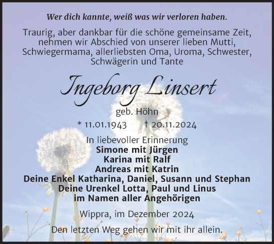 Traueranzeige von Ingeborg Linsert von Trauerkombi Sangerhausen