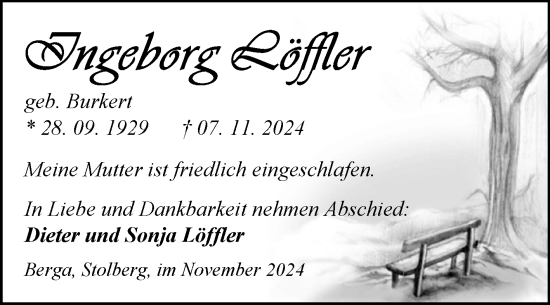 Traueranzeige von Ingeborg Löffler von Trauerkombi Sangerhausen