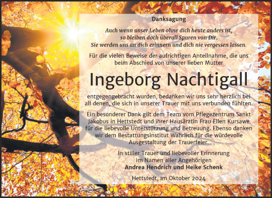 Traueranzeige von Ingeborg Nachtigall von Trauerkombi Mansfelder Land