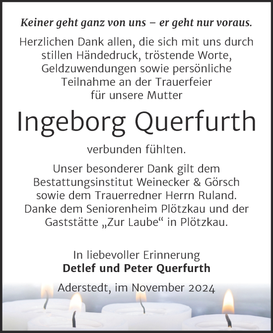 Traueranzeige von Ingeborg Querfurth von Trauerkombi Bernburg