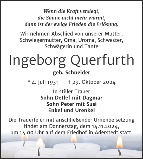Traueranzeige von Ingeborg Querfurth von Trauerkombi Bernburg