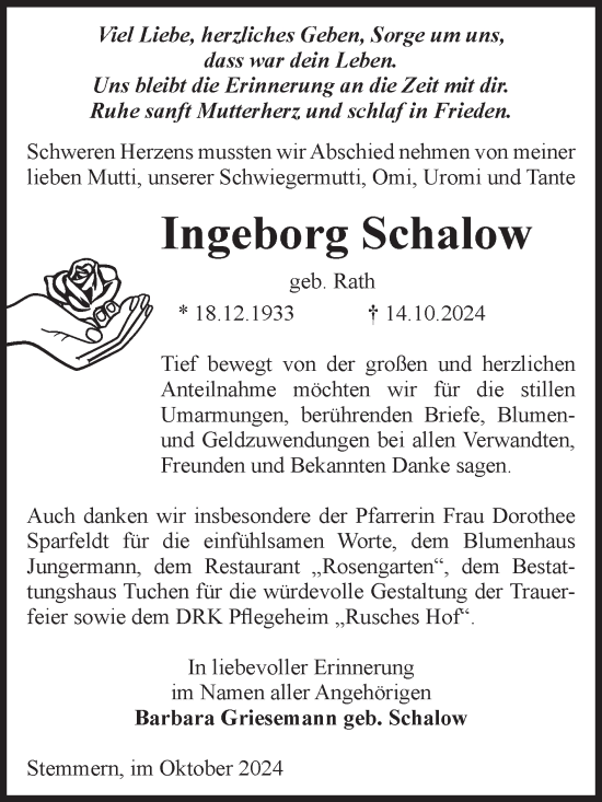 Traueranzeige von Ingeborg Schalow von Volksstimme Oschersleben/Wanzleben