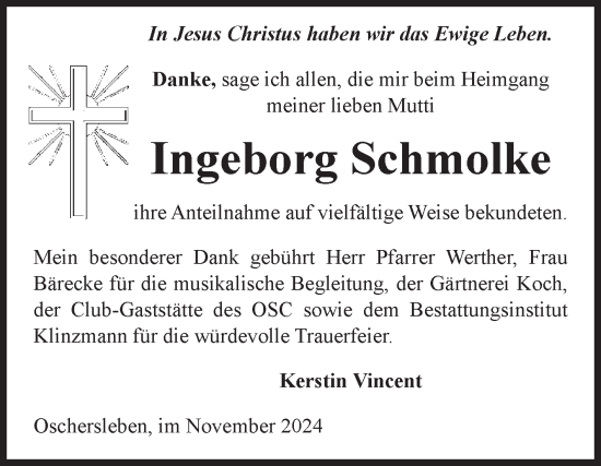 Traueranzeige von Ingeborg Schmolke von Volksstimme Oschersleben/Wanzleben