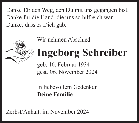 Traueranzeige von Ingeborg Schreiber von Volksstimme Zerbst