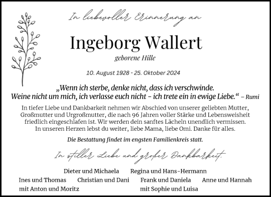 Traueranzeige von Ingeborg Wallert von Trauerkombi Quedlinburg