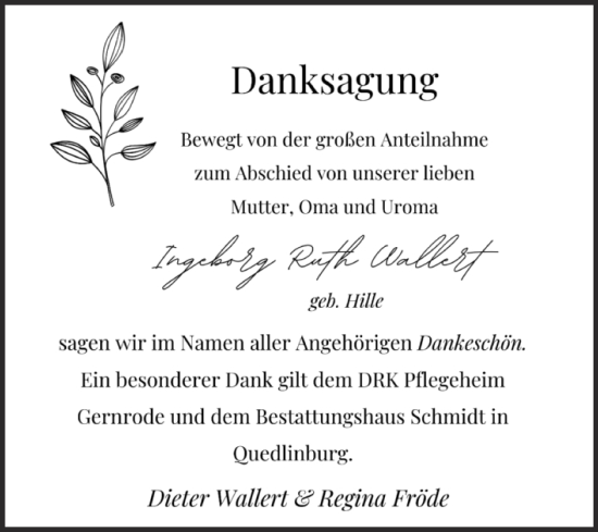 Traueranzeige von Ingeborg Ruth Wallert von Trauerkombi Quedlinburg