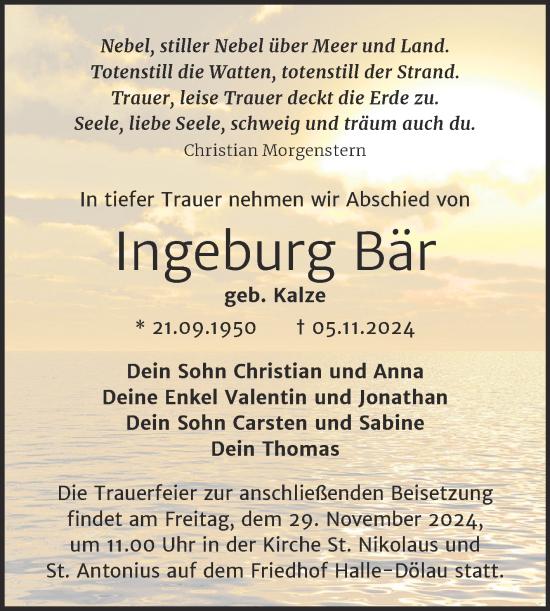 Traueranzeige von Ingeburg Bär von Mitteldeutsche Zeitung Halle/Saalkreis