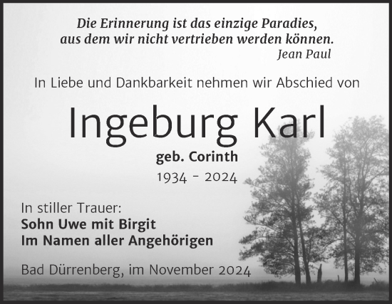 Traueranzeige von Ingeburg Karl von Trauerkombi Merseburg