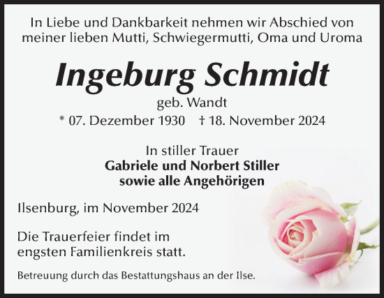 Traueranzeige von Ingeburg Schmidt von Volksstimme Wernigerode