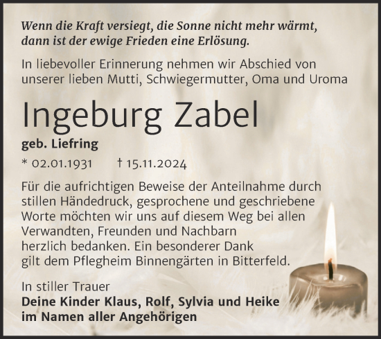 Traueranzeige von Ingeburg Zabel von Trauerkombi Bitterfeld