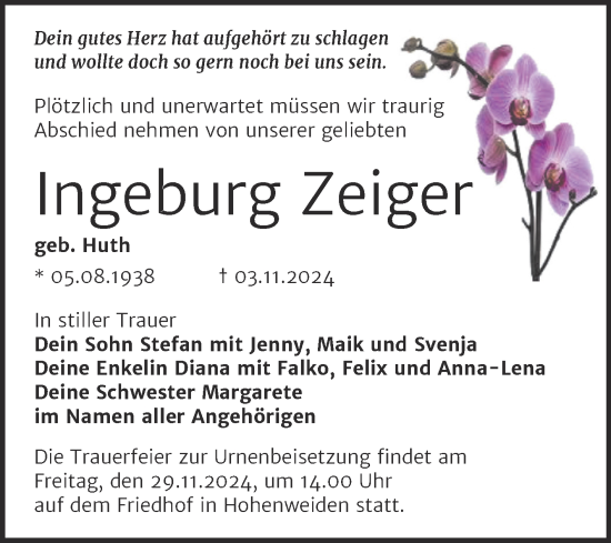 Traueranzeige von Ingeburg Zeiger von Trauerkombi Merseburg