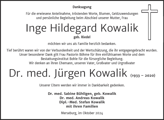 Traueranzeige von Inge Hildegard und Jürgen Kowalik von Trauerkombi Merseburg