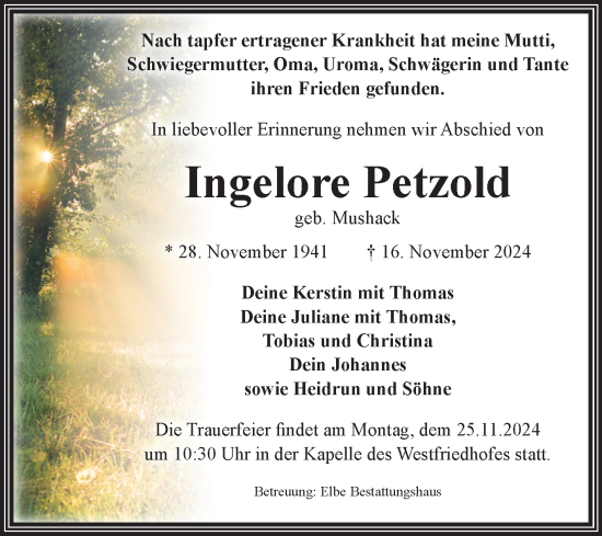 Traueranzeige von Ingelore Petzold von Volksstimme Magdeburg