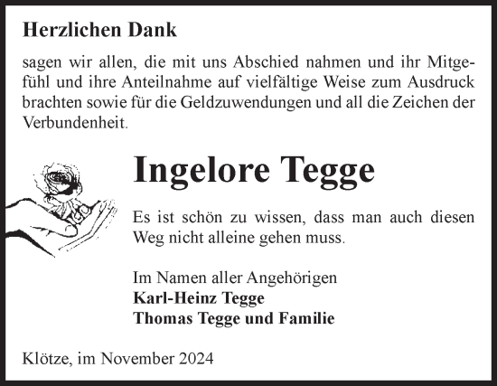 Traueranzeige von Ingelore Tegge von Volksstimme Altmark West