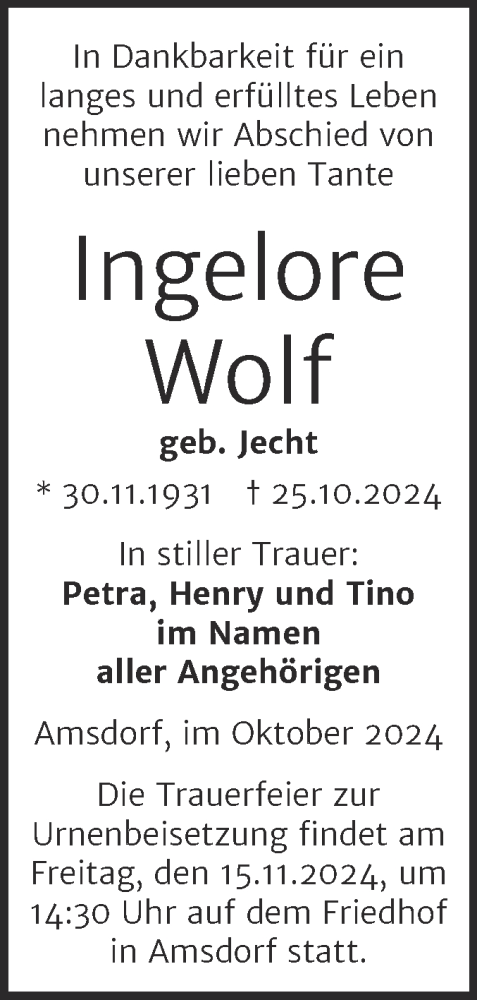 Traueranzeige von Ingelore Wolf von Trauerkombi Mansfelder Land