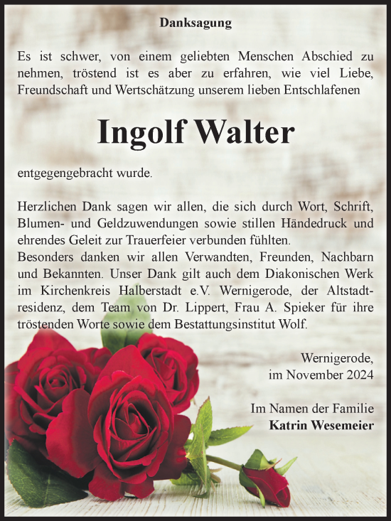 Traueranzeige von Ingolf Walter von Volksstimme Wernigerode