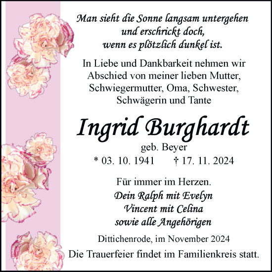 Traueranzeige von Ingrid Burghardt von Trauerkombi Sangerhausen