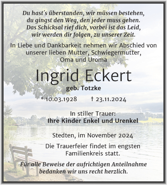 Traueranzeige von Ingrid Eckert von Trauerkombi Mansfelder Land