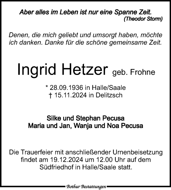 Traueranzeige von Ingrid Hetzer von Mitteldeutsche Zeitung Halle/Saalkreis