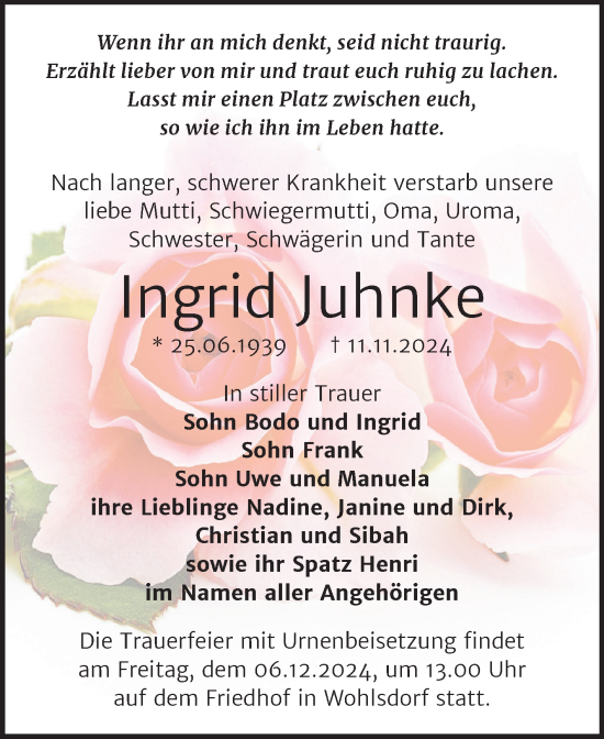Traueranzeige von Ingrid Juhnke von Trauerkombi Bernburg