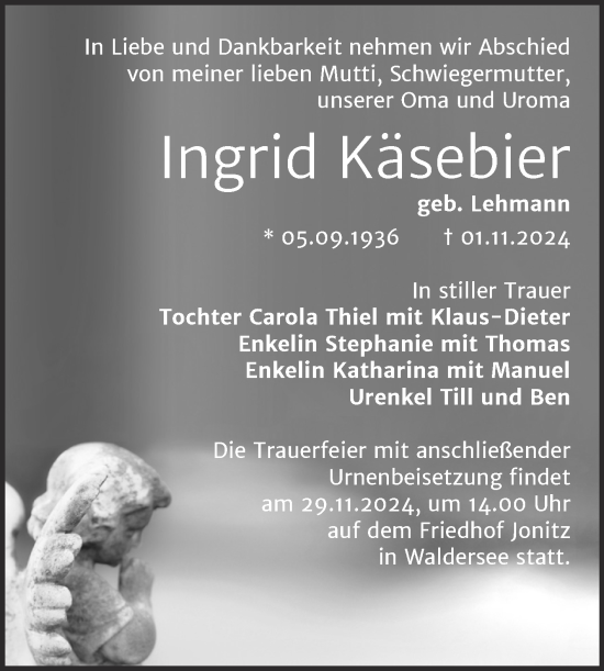 Traueranzeige von Ingrid Käsebier von Trauerkombi Dessau