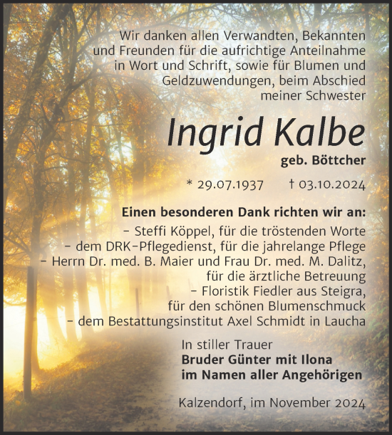 Traueranzeige von Ingrid Kalbe von Trauerkombi Merseburg