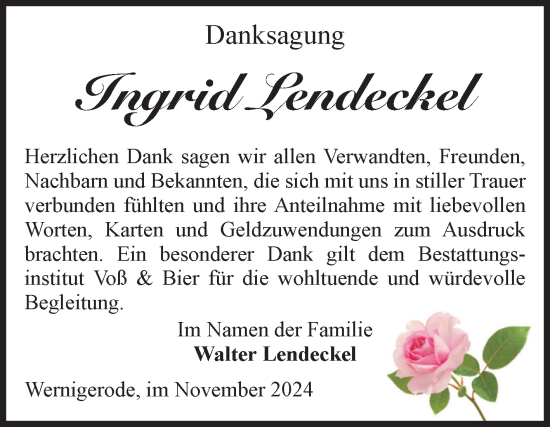 Traueranzeige von Ingrid Lendeckel von Volksstimme Wernigerode