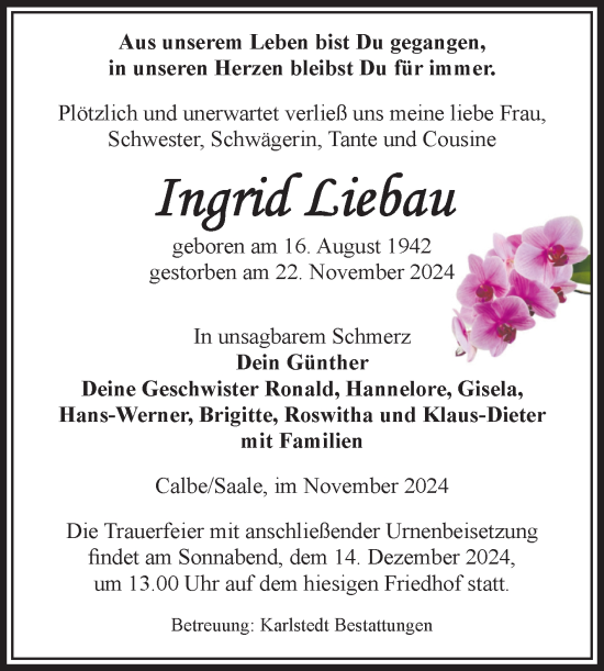 Traueranzeige von Ingrid Liebau von Volksstimme Schönebeck