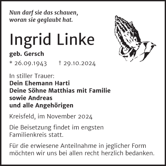Traueranzeige von Ingrid Linke von Trauerkombi Mansfelder Land